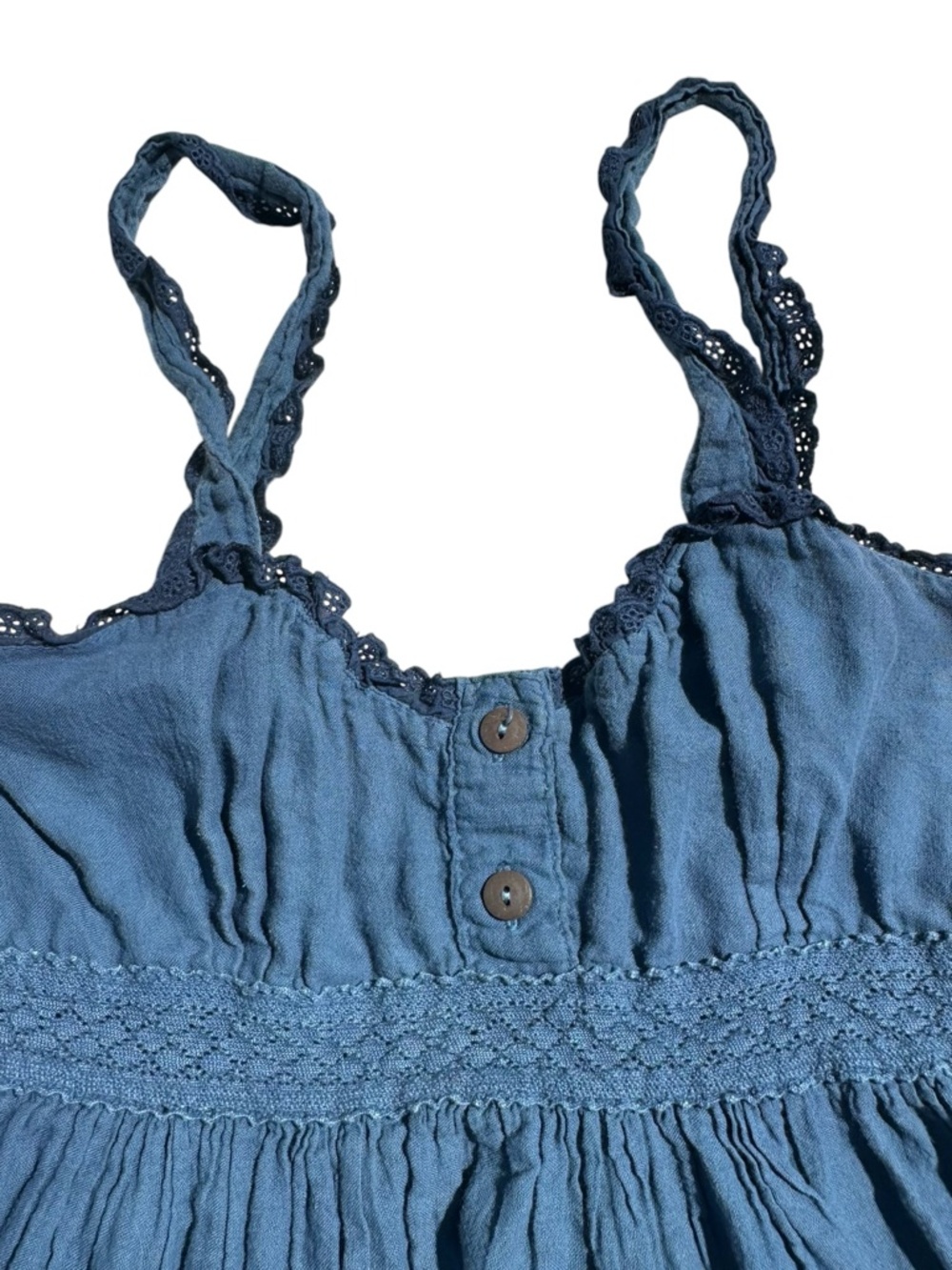 Boho Blue Tiered Babydoll Dress Crochet Lace Trim Smocked Mini Small - Picture 2 of 6